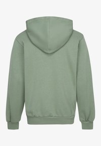Mentolová mikina s kapucňou na šnúrku, rebrovanými manžetami a pásom. Hladká textúra s jednoduchým, elegantným designom. Žiadne viditeľné vzory.