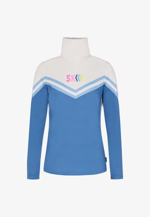 Maglietta blu a maniche lunghe con colletto alto; presenta motivi a zigzag bianchi e azzurri e un logo multicolore "SKI" sul petto.