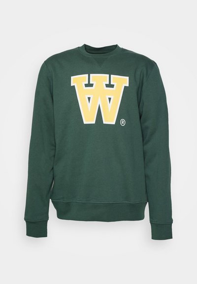 Grüner Sweatshirt aus weichem Stoff, mit einem großen gelben "W"-Logo auf der Vorderseite, Rundhalsausschnitt und gerippten Bündchen und Saum.