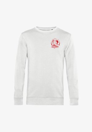 Biała bluza z długim rękawem z czerwoną grafiką postaci z kreskówki na lewej części klatki piersiowej. Miękka, gładka bawełniana tkanina z ściągaczami przy rękawach.