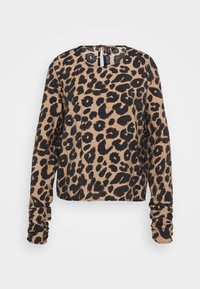 T-shirt à manches longues en imprimé léopard tan et noir. Doté d'un col rond et de manches froncées. Tissu doux avec une coupe décontractée.