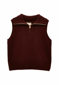 Bordeauxfarbener, gestrickter ärmelloser Pullover mit hohem, geripptem Kragen und einem Reißverschluss vorne. Besitzt vertikale Rippdetails an den Seiten und am Saum.