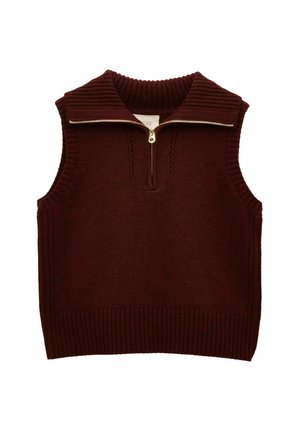 Bordeauxfarbener, gestrickter ärmelloser Pullover mit hohem, geripptem Kragen und einem Reißverschluss vorne. Besitzt vertikale Rippdetails an den Seiten und am Saum.