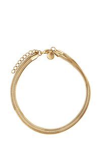 Gullfarget metallarmbånd med et fleksibelt design, som har en dobbel kjede-struktur, krabbe-lås og en justerbar kjede-lenke for størrelse.