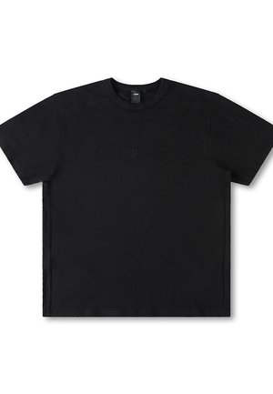 Black short-sleeve t-shirt made of cotton with a crew neck, featuring a subtle logo at the center and a relaxed fit design.