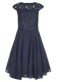 Mörkblå klänning med en spetsöverdel prydd med paljetter, korta ärmar i form av kapell och en flödig kjol gjord av lätt material.