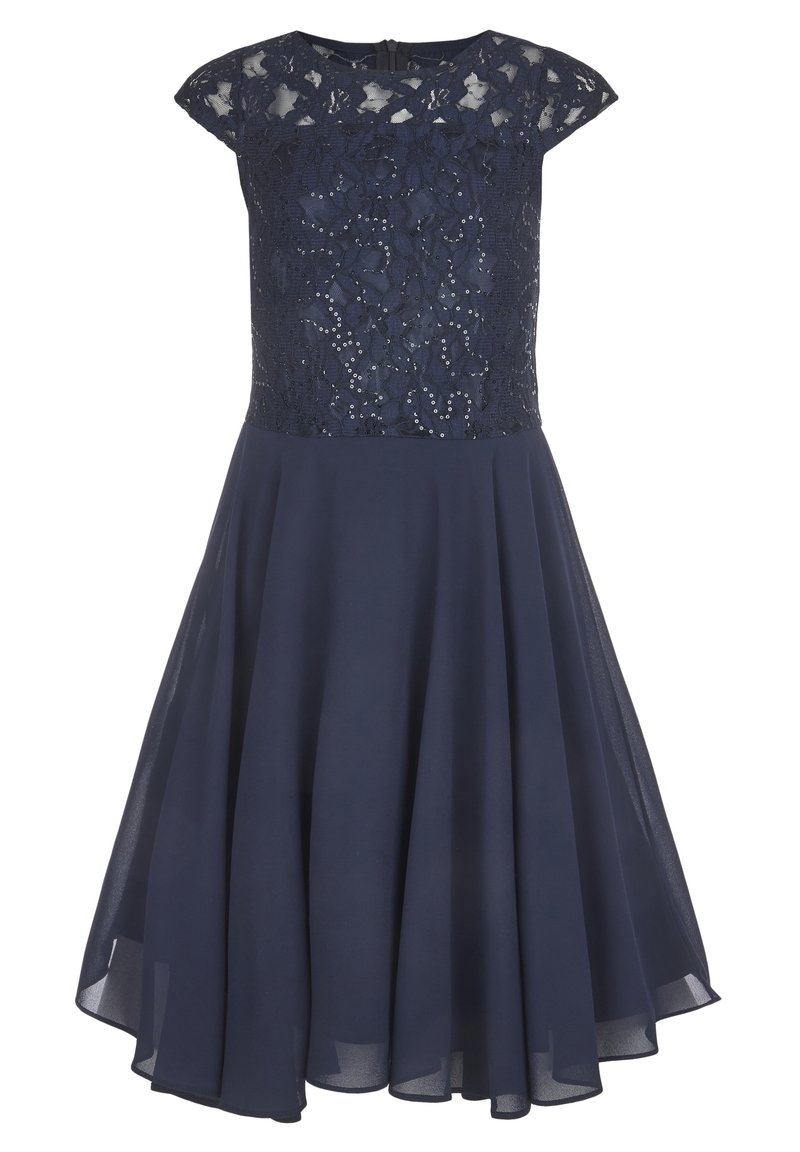 Mörkblå klänning med en spetsöverdel prydd med paljetter, korta ärmar i form av kapell och en flödig kjol gjord av lätt material.