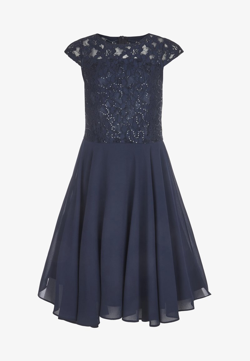 Mörkblå klänning med en spetsöverdel prydd med paljetter, korta ärmar i form av kapell och en flödig kjol gjord av lätt material.