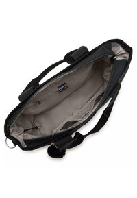 Black fabric bag with zippers, two interior pockets, and a plush pom-pom accent. Interior is a light gray. Short handles attached.