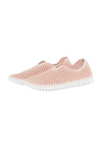 Světle růžové slip-on boty s texturovaným, tkaným designem a bílou gumovou podrážkou. Obsahují průstřihy pro prody�šnost a hladký povrch.
