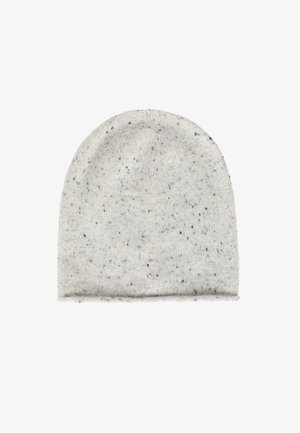 Gray knit beanie with black speckles, rounded top, and folded hem. Soft texture and medium thickness suitable for cold weather.