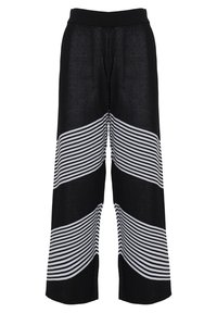 Zwarte wijde broek met een zwart-wit gestreept golfpatroon, voorzien van een zachte tailleband en een gestructureerde stof.