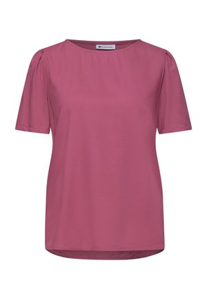 Blouse femme à manches courtes couleur rose atténuée avec encolure ronde et légers fronces aux coutures des épaules.