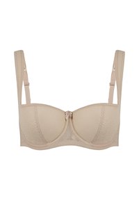 Beżowy biustonosz z fiszbinami, z kwiatowym wzorem koronki, miękkim materiałem, zaokrąglonymi miseczkami i regulowanymi ramiączkami. Wykończony dekoracyjną kokardką na środku.