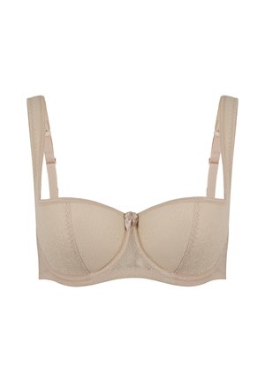 Beige underwire bra with floral lace pattern, soft fabric, curved cups, and adjustable straps. Finished with a decorative bow at the center.