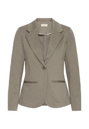Maßgeschneiderter Blazer aus hellgrauem Stoff. Verfügt über einen einzelnen Knopf, Revers mit Kerbe und zwei Fronttaschen mit kontrastierendem Besatz. Sauberes, strukturiertes Design.