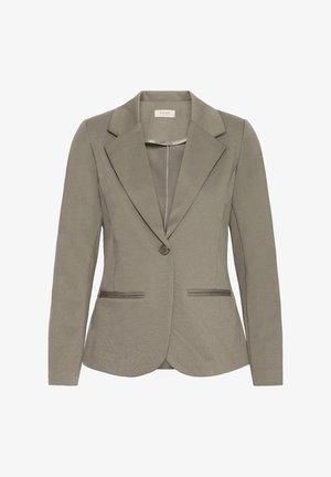 Blazer sur mesure en tissu gris clair. Dispose d'un bouton unique, de revers crantés et de deux poches avant avec un bord contrastant. Design épuré et structuré.