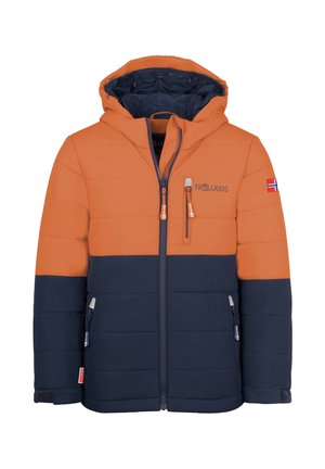 Child's padded jacket with hood, orange upper half, navy lower half, front zipper, chest and side zip pockets, and a Norwegian flag patch on the arm.