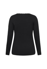 Black long-sleeve top with a fitted design, round neckline, and lace detailing at the back. Made from a smooth, stretchy fabric.