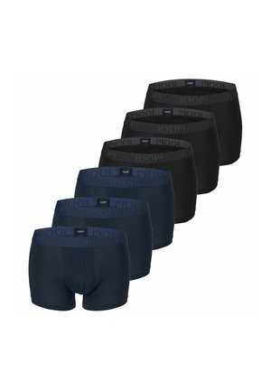 Sechs Herren-Boxershorts in Schwarz und Dunkelblau, angeordnet in zwei Reihen mit sichtbarem Taillenbund-Branding.