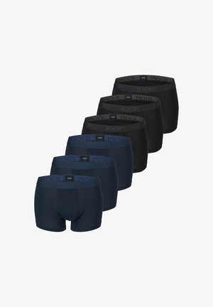Six men's boxer briefs in black and dark blue colors, arranged in two rows with visible waistband branding.