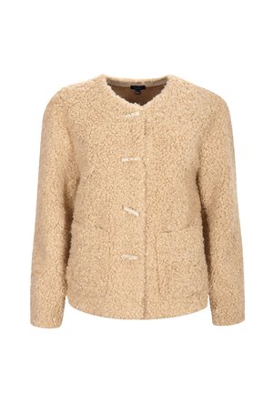 Beige, fluffy fleece jacket featuring a V-neck, long sleeves, four toggle buttons, and two front pockets with textured fabric.