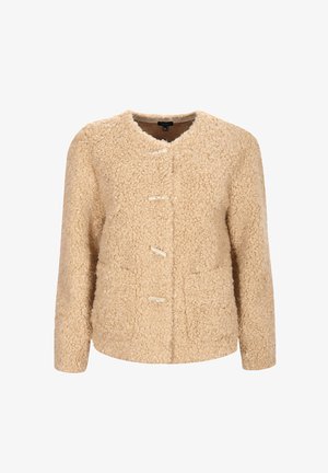 Beige, pluizige fleecejas met een V-hals, lange mouwen, vier sluitknopen en twee zakken aan de voorkant met gestructureerde stof.