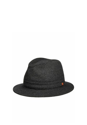 Dark gray felt fedora hat with a wide brim and a small round orange detail on the band.