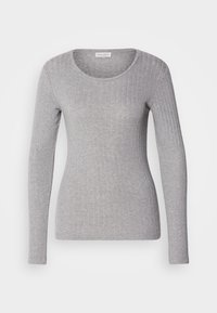 Grå langermet topp i ribbestruktur, med rund halslinning og tettsittende design. Mykt stoff med en glatt overflate.