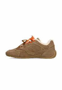 Brown suede sneaker with orange laces, shearling lining, and rubber sole. Features stitching accents and a textured design.