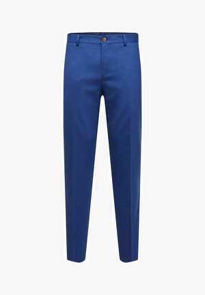 Blauwe op maat gemaakte broek van een gladde stof, met een knoopsluiting, een klassieke rechte pijpdesign en strakke lijnen zonder patronen.