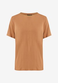 Camiseta de manga corta y cuello redondo en un cálido color marrón, hecha de una tela suave con un ligero brillo. Corte simple y relajado, sin diseños.