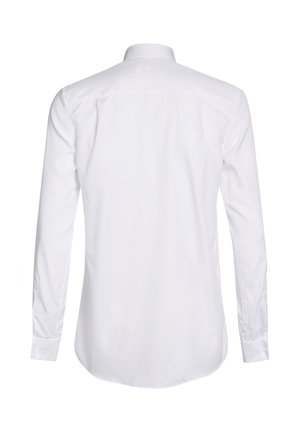 Chemise blanche à manches longues, en mélange de coton, avec un col boutonné et des coutures droites dans le dos. Texture lisse, sans motifs ni accents.