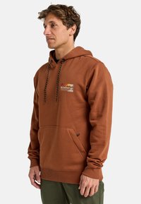 Felpa cappuccio marrone in tessuto morbido con tasca frontale e cappuccio con cordino. Include un patch logo multicolore sul petto.