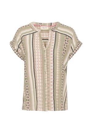 Krátký rukáv blůza z texturované tkaniny. Má svislé pruhy v zelené, růžové a černé barvě s diamantovými vzory a zapínání na knoflíky.