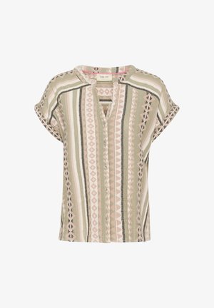 Lühikeste varrukatega pluus tekstuuriga kanga skins. Omab vertikaalseid triipse rohelises, roosas ja mustas toonis koos teemantmusteritega ning nupuga esiosa.