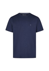 Camiseta de algodón azul marino con mangas cortas, cuello redondo y un pequeño detalle de palmera bordado en el pecho. Textura suave.