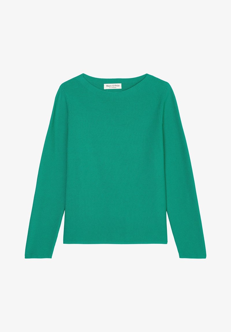 Grünes langärmeliges Rippen-T-Shirt mit rundem Ausschnitt. Der Stoff hat eine strukturierte Oberfläche und weist keine sichtbaren Muster oder Akzente auf.