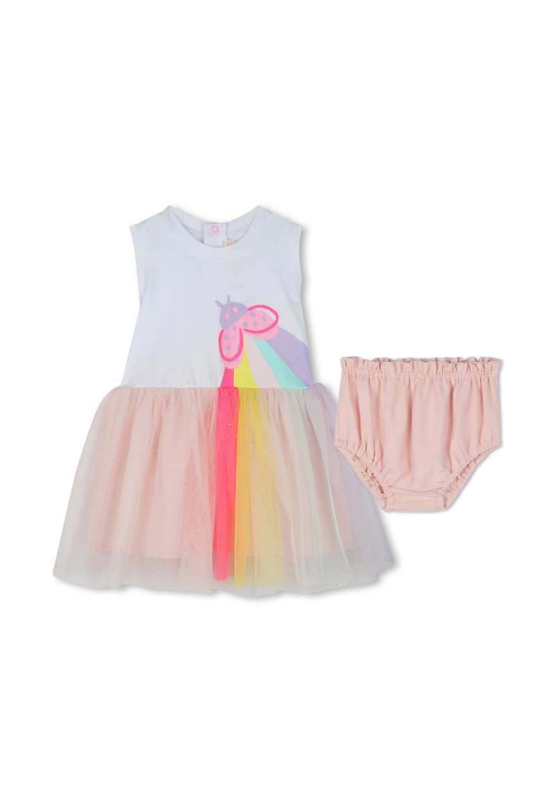 Witte mouwloze jurk met een tule rok in lichtroze, met een print van een regenboog en vlinders; inclusief bijpassende roze bloomer.