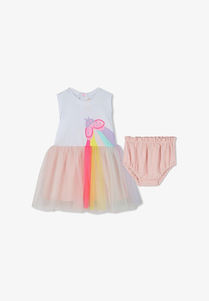 Abito bianco senza maniche con gonna in tulle rosa pallido, decorato con motivo arcobaleno e farfalle; include un coordinato pannolino rosa.