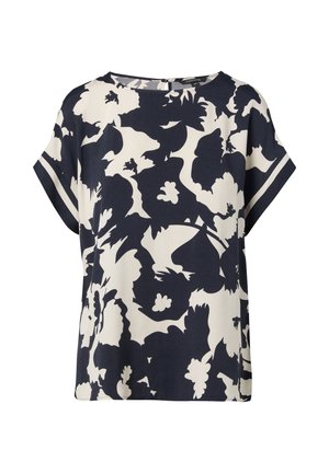 Blusa corta a manica corta con motivo floreale blu navy e crema, dotata di scollatura rotonda e vestibilità comoda, realizzata in tessuto leggero.