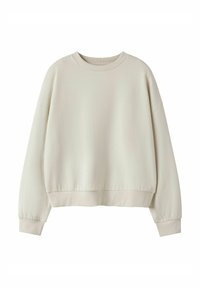 Hellbeiges Sweatshirt mit lockerer Passform, geripptem Rundhalsausschnitt und zulaufenden langen Ärmeln. Weiche Textur mit einfachem, glattem Design.