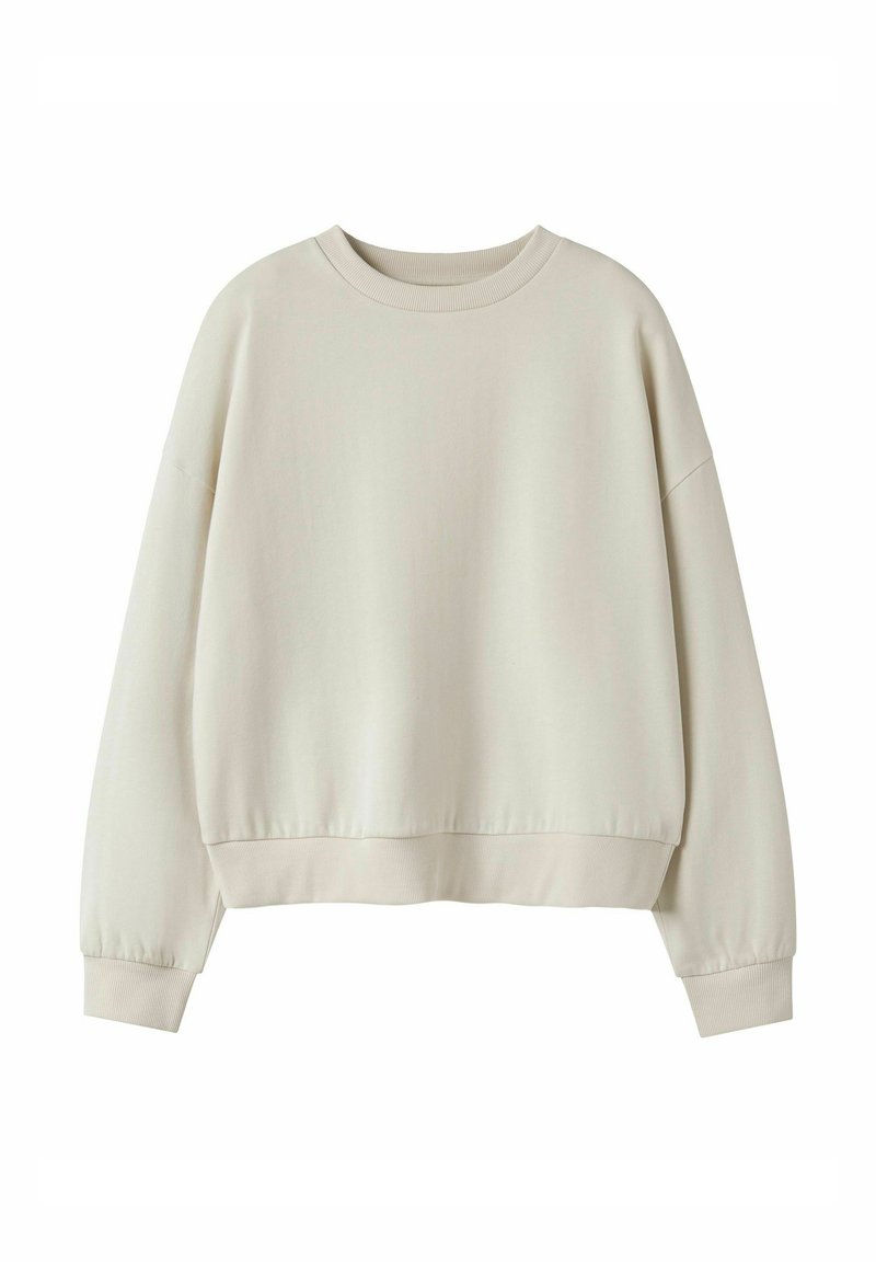 Hellbeiges Sweatshirt mit lockerer Passform, geripptem Rundhalsausschnitt und zulaufenden langen Ärmeln. Weiche Textur mit einfachem, glattem Design.