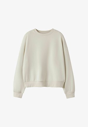 Lys beige genser med avslappet passform, ribbet rund hals og innsvingte ermer. Myk tekstur med et enkelt, glatt design.