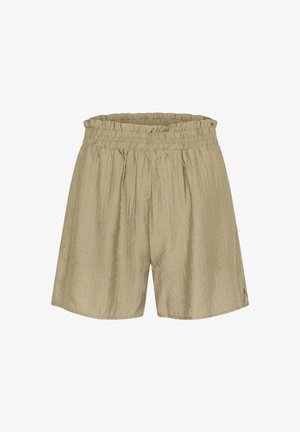 Pantaloni corti khaki con vita elastica, realizzati in tessuto leggero e stropicciato, con una vestibilità ampia e fessure laterali per facilitare i movimenti.