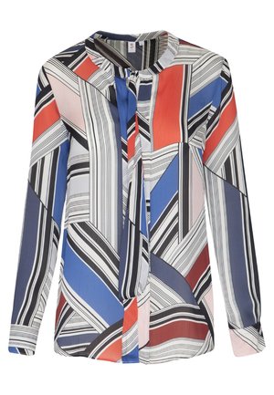 Multicolored blouse featuring geometric patterns in red, blue, and black. Long sleeves and a tie collar detail. Lightweight fabric with pleats.