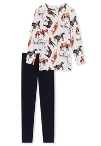 Long-sleeve top with horse print in beige and navy blue leggings, made from soft cotton, featuring a round neckline and elastic waistband.