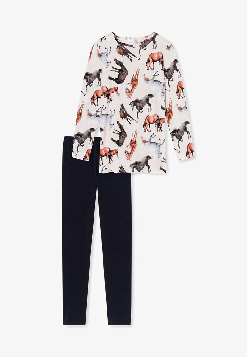Långärmad topp med hästmotiv i beige och marinblå leggings, gjorda av mjuk bomull, med rund halslinning och elastisk midja.