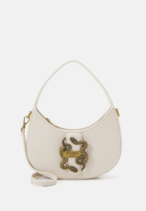 Sac à bandoulière en cuir blanc avec fermoir doré en forme de serpent et plaque "Just Cavalli Milano", doté d’une bandoulière amovible.