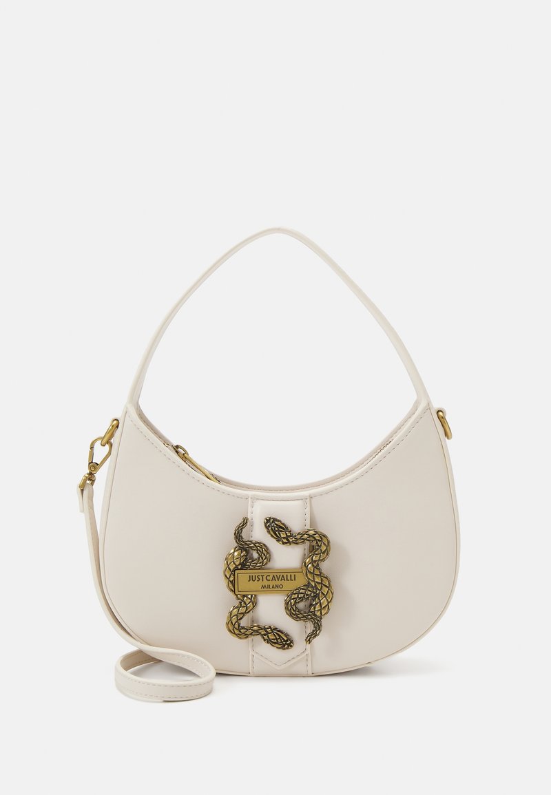 Sac à bandoulière en cuir blanc avec fermoir doré en forme de serpent et plaque "Just Cavalli Milano", doté d’une bandoulière amovible.